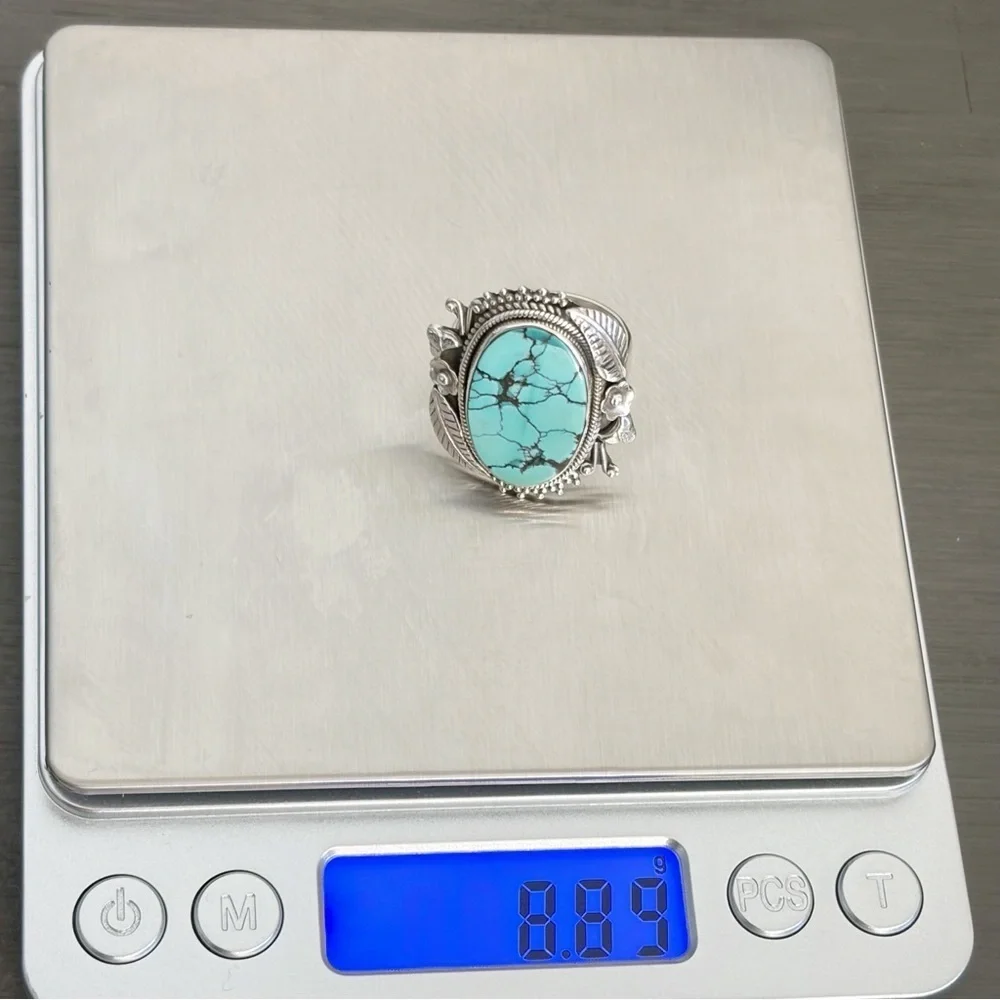 Southwest Spiderweb Turquoise Ring Size 9 Navajo Style Pure Sterling Silver 925